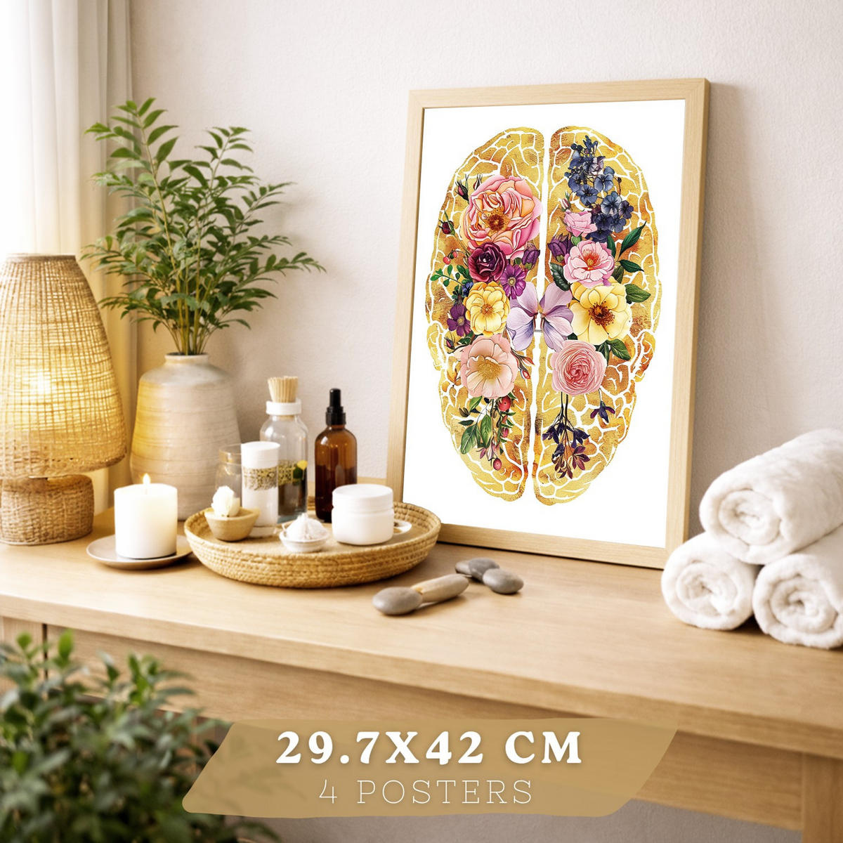 POSTER Set aus 4 Anatomie Mensch Drucke und Wandbilder mit Herz Gehirn Schädel Lungen Luftröhre Bronchien Goldener Floraler Stil Größe Rahmenlos A3 - Klar, Papier (29.7/42/3cm) - Nacnic