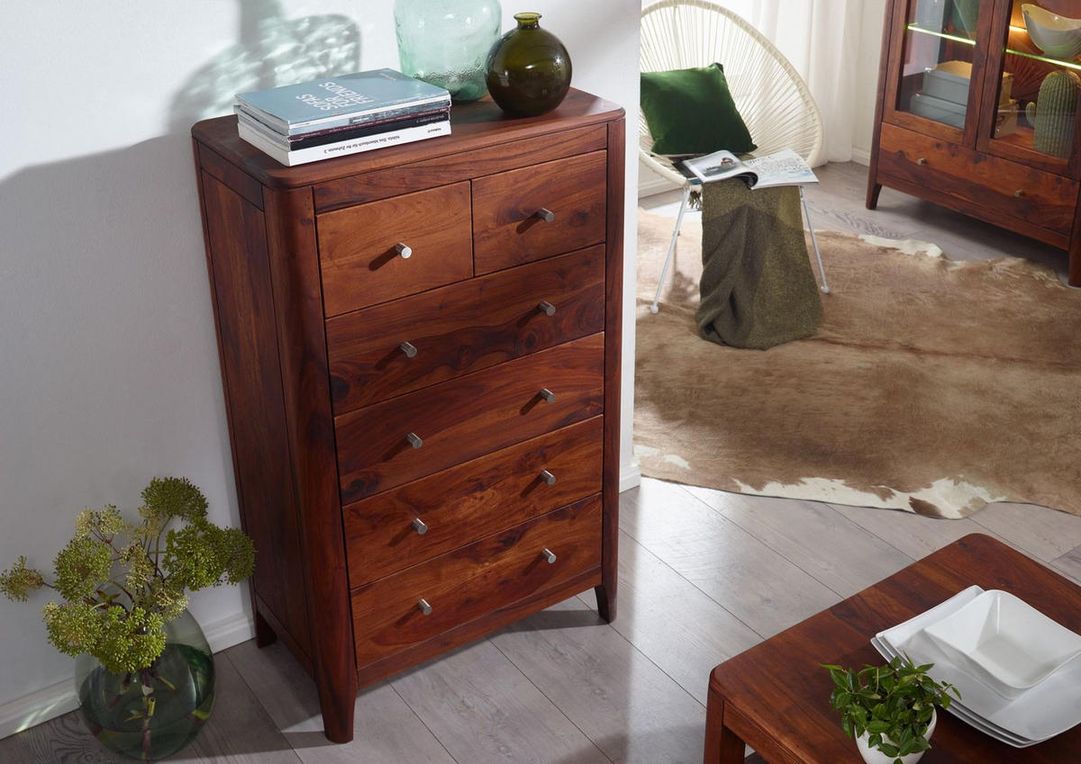 KOMMODE Sheesham 70x40x115 walnuss geölt BROOKLYN #23 - Dunkelbraun, Holz (70/115/40cm) - Massivmoebel24