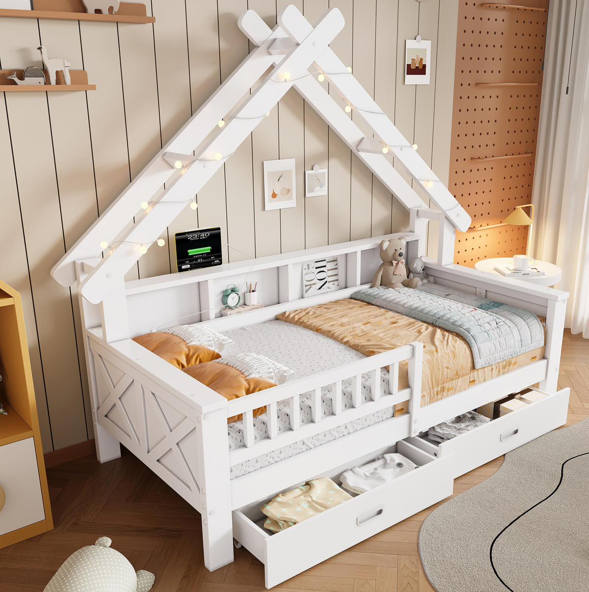 HAUSBETT 90/200 cm Weiß mit LED, Stauraum und Schubladen - Weiß, Holz (90/200cm) - MIVRAY