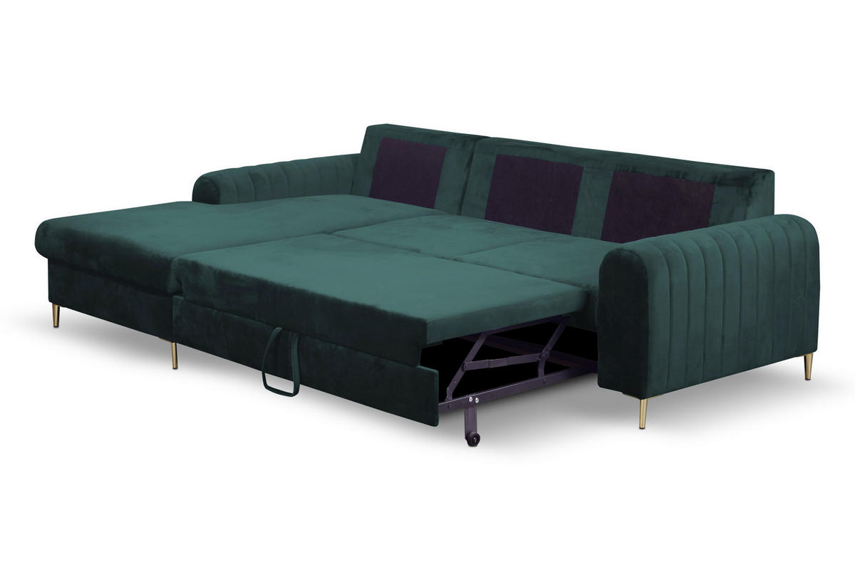 ECKSOFA VERONA L-S Grün Velours-Stoff mit Schlaffunktion - Grün, Holz (251/164cm) - MASSENO