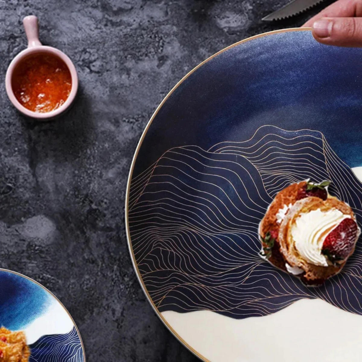 TELLERSET Blue Marble Bone China Blau Gold 4tlg Ø30 Ø27 Ø20 Ø16 cm - Blau, Keramik (30/2/2cm) - Quality Elegance
