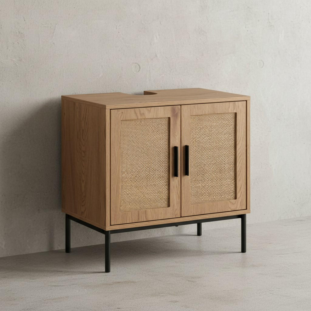 WASCHBECKENUNTERSCHRANK Eiche-Optik 60x60x40 cm mit Türen und Rattangeflecht - Schwarz/Braun, Holzwerkstoff/Metall (60/60/40cm) - KADIMA DESIGN