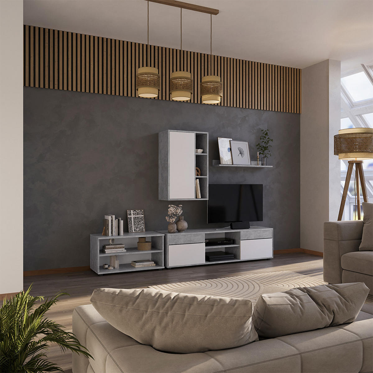 ŽIVÁ STĚNA Berno Beton/bílá - šedá/bílá, kompozitní dřevo (139.8/38.9/35.4cm) - Vicco