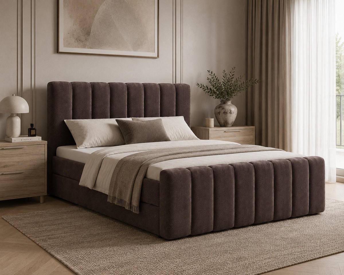 BOXBETT 01 BIS 160 x 200 cm - Vibe - Modernes Polsterbett mit Bettkasten inkl. PU-Schaum-Topper und Federmechanismus - Braun, Holz (160/200cm) - ROYAL24_MARKT