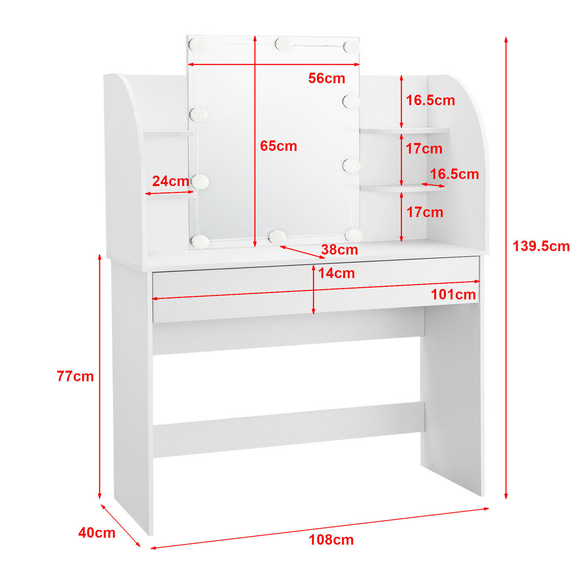 SCHMINKTISCH Köla - Weiß, Holzwerkstoff (108/140/40cm) - [en.casa]