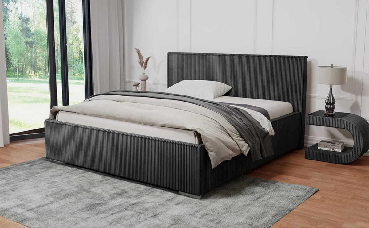POLSTERBETT LUIS mit Kopfteil, 200 x 200 cm, Doppelbett mit Bettkasten und Lattenrost aus Metall, Cordstoff: Dunkelgrau - Dunkelgrau, Holz/Textil (200/200cm) - Agmat-Furniture