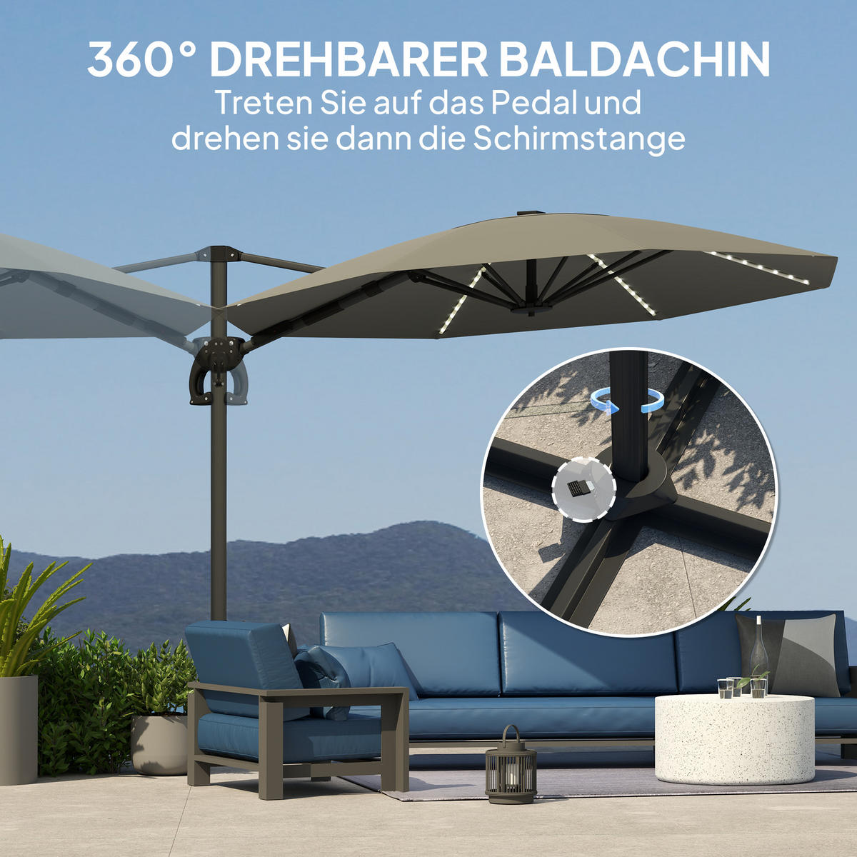 AMPELSCHIRM DE-05688 LED Solar, höhenverstellbar mit Kurbel Dunkelgrau - Dunkelgrau, Textil/Metall (294/360cm) - ComfortXL