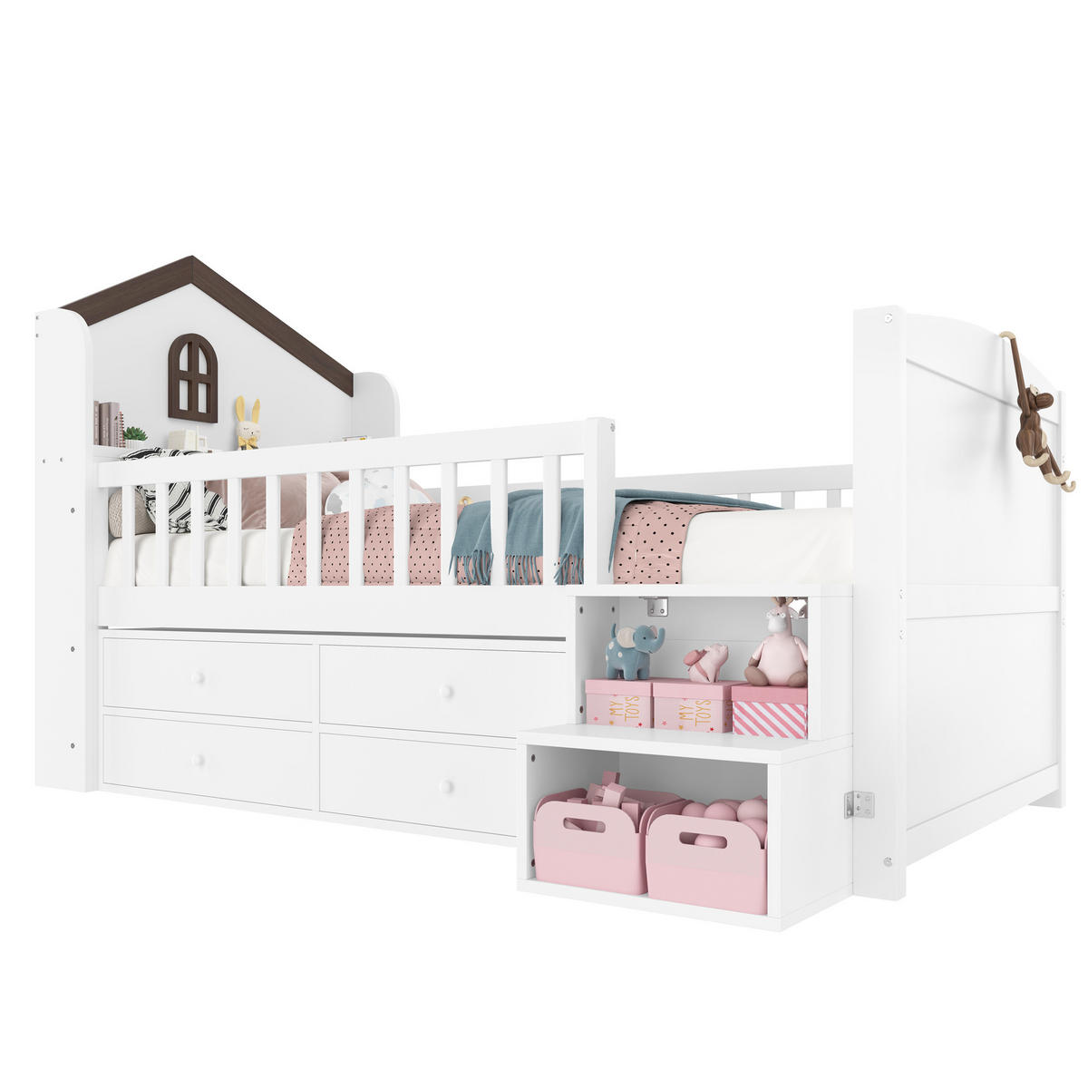 HALBHOHES BETT 90x200cm Weiß Hausform 4 Schubladen LED-Lichtleiste - Weiß, Holz (90/200cm) - FLIEKS