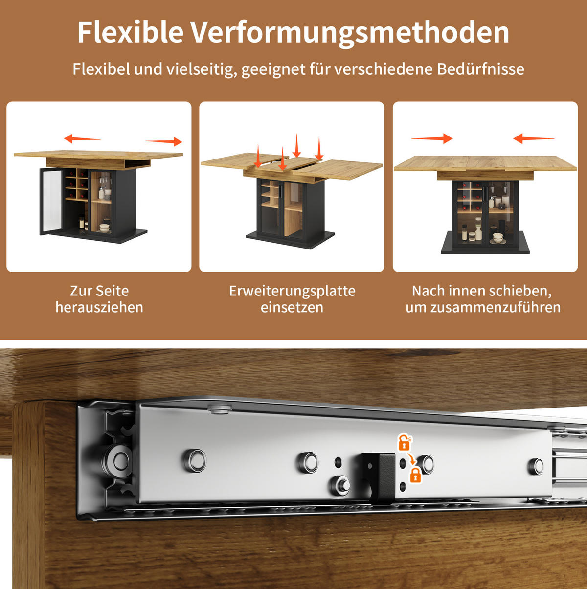 STOL za blagovaonicu 110-140/80 cm, crni MDF, proširivi s vinskim pretincem - crna, drvni materijal (110/80/76cm) - BEAOK