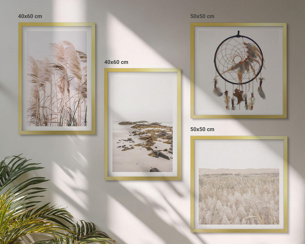 WANDBILDER 4er Set - 50x50 cm & 40x60 cm Goldrahmen - Wiesen, Strand, Boho-Stil - Goldfarben, Kunststoff (50/50cm) - ArtPrintCave