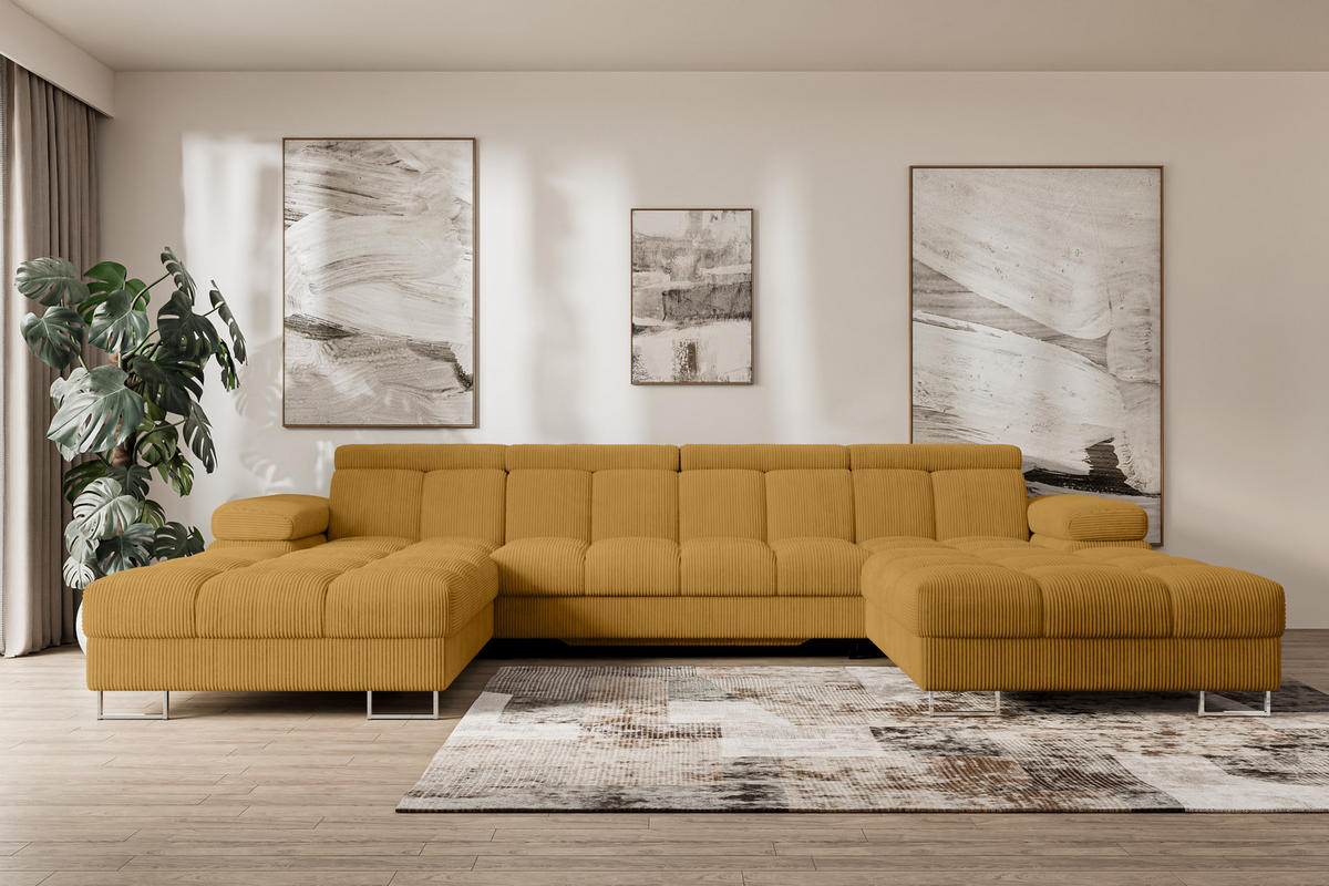 WOHNLANDSCHAFT mit Schlaffunktion und Bettkasten COMA U2 345x203x79 Senfgelb Cord - Honig, Holzwerkstoff/Textil (345/79/203cm) - ALTDECOR