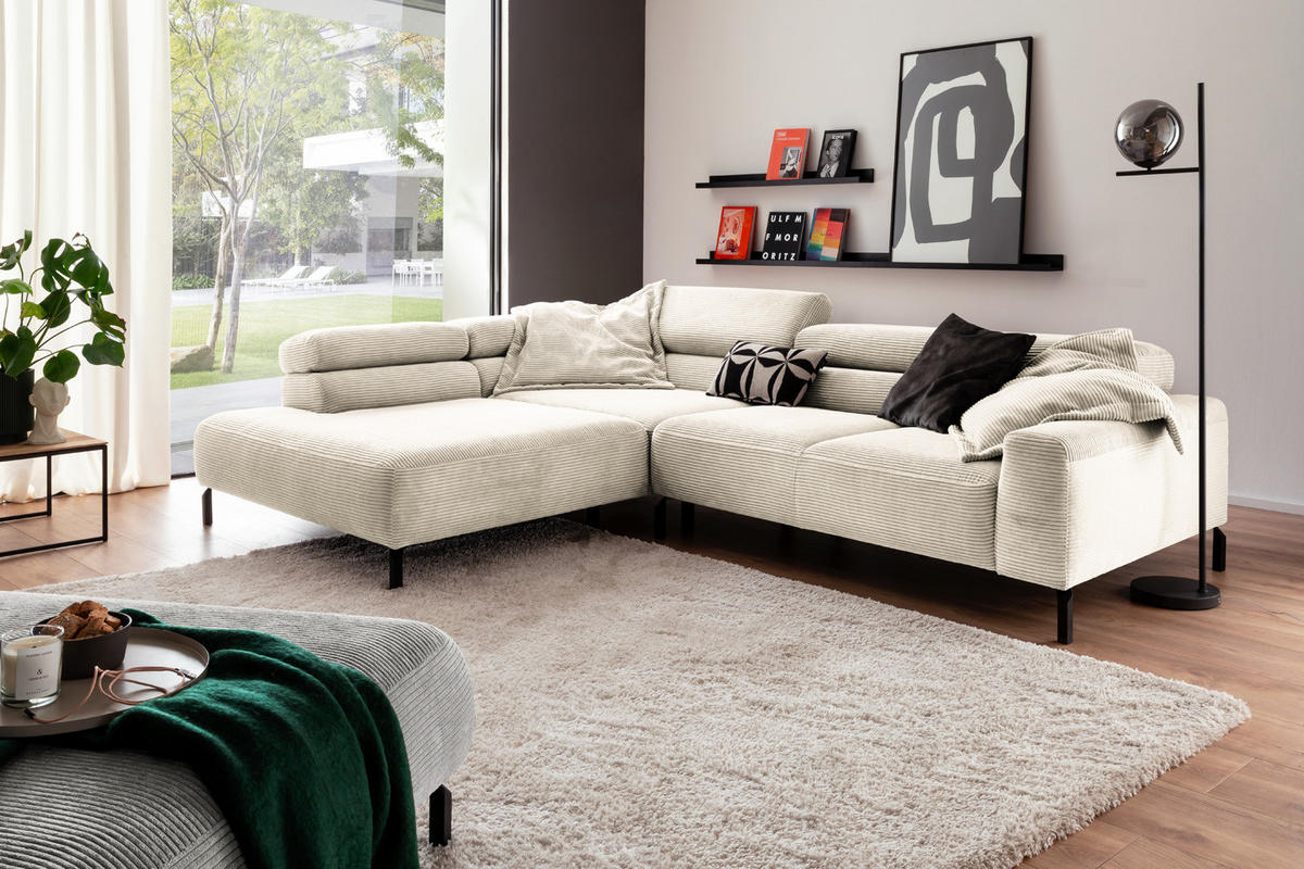 ECKSOFA DELIA Cremeweiß Cord - Creme/Schwarz, Textil/Metall (312/219cm) - KAWOLA