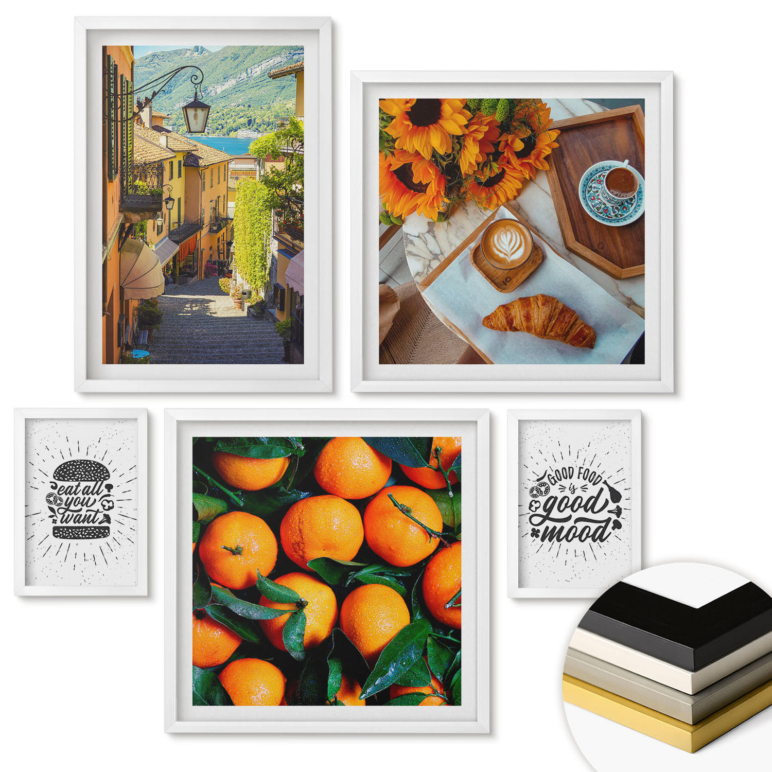 WANDBILDER 5er-Set - 50x50 cm & 20x30 cm & 40x60 cm Weißer Rahmen - Juicy Oranges Kitchen - Weiß, Kunststoff (40/60cm) - ArtPrintCave