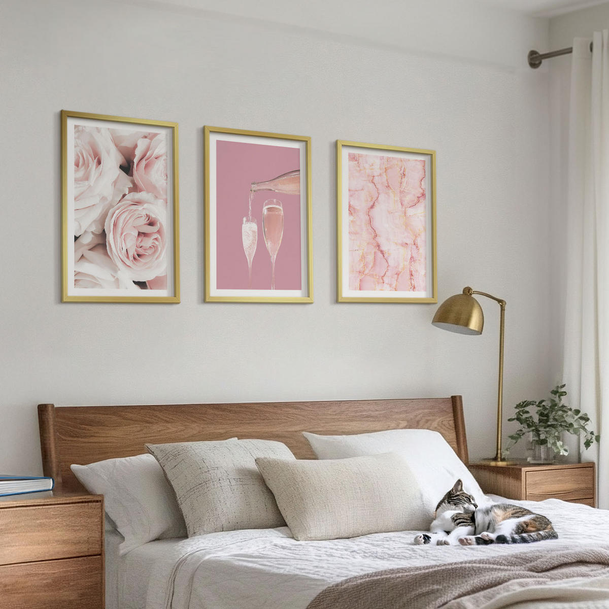 WANDBILDER 3er Set - 40x60 cm Goldrahmen - Champagnerfarbene Rosen, Marmorhintergrund - Goldfarben, Kunststoff (40/60cm) - ArtPrintCave