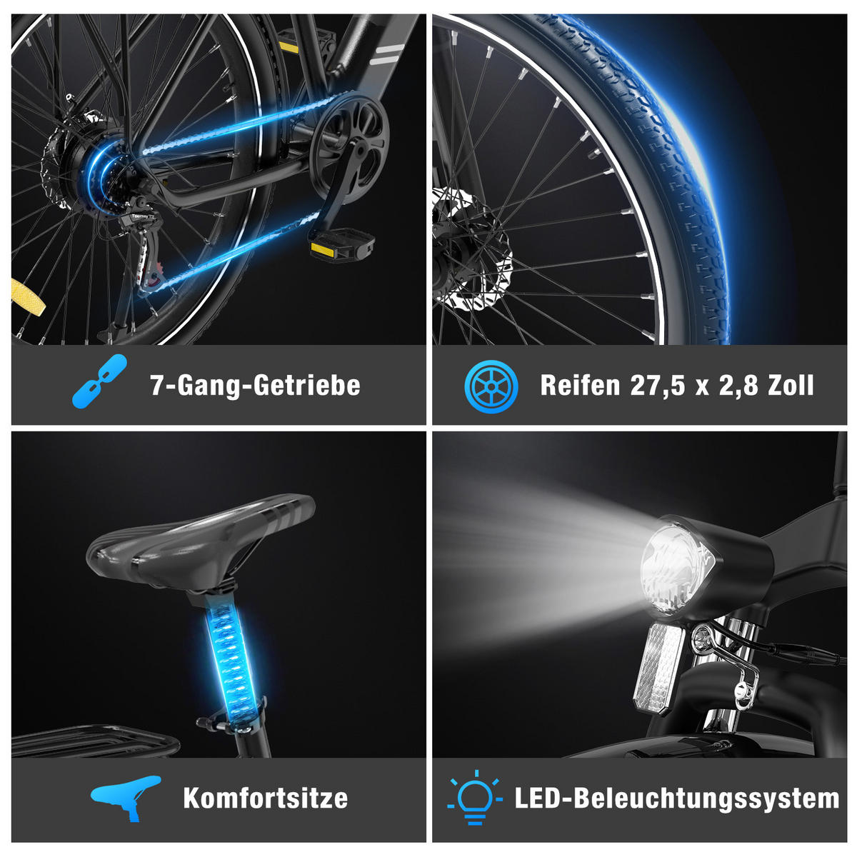 E-BIKE City BK18 27,5 *2,8 zoll mit Samsung 36V15Ah Akku bis zu 80km, 7 Gang - Schwarz, Metall (27cm) - COLORWAY