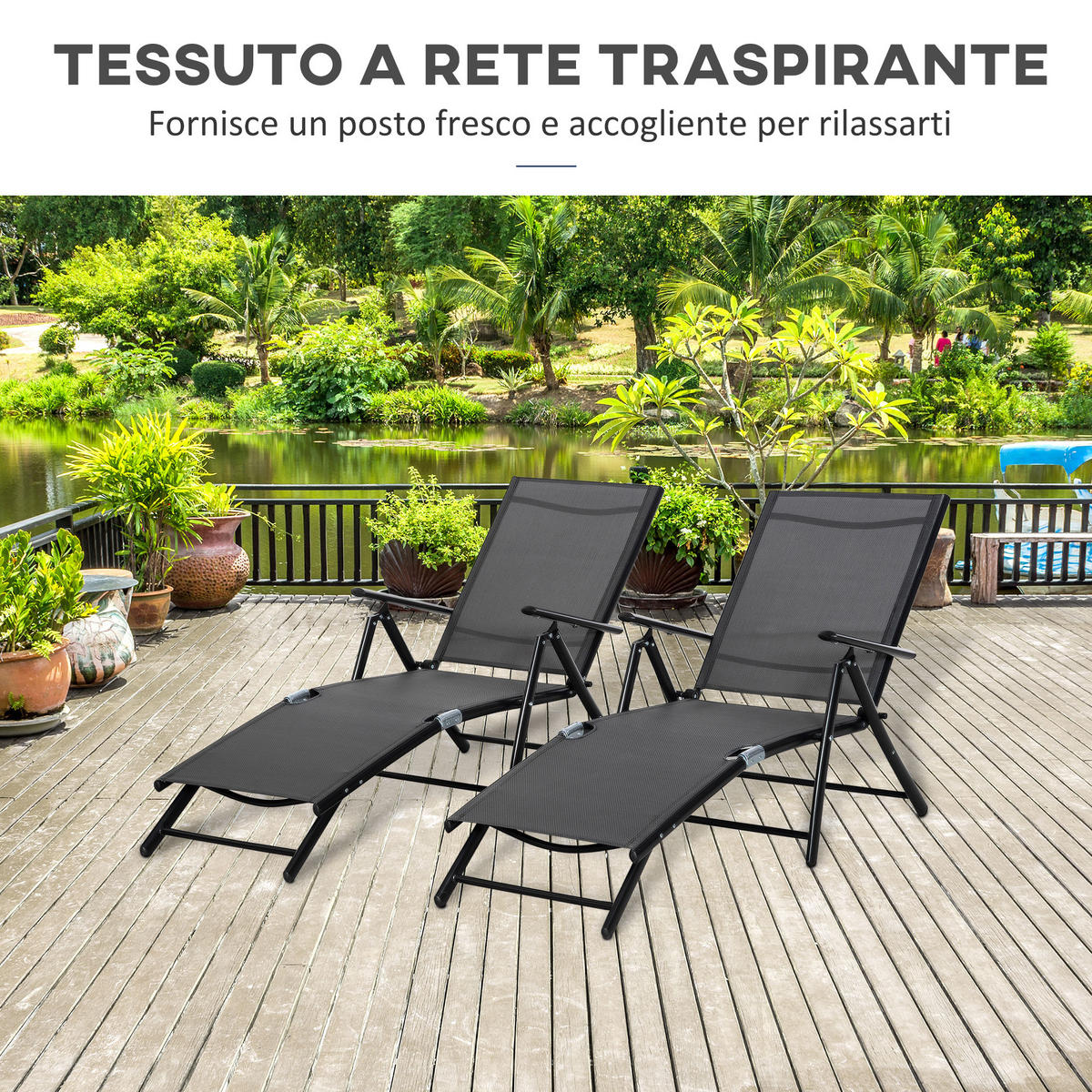 SONNENLIEGE Set mit 2 klappbaren Gartenstühlen mit verstellbarer Rückenlehne 64 x 134 x 95 cm ,Schwarz - Schwarz, Metall (134/95/64cm) - Vallsero