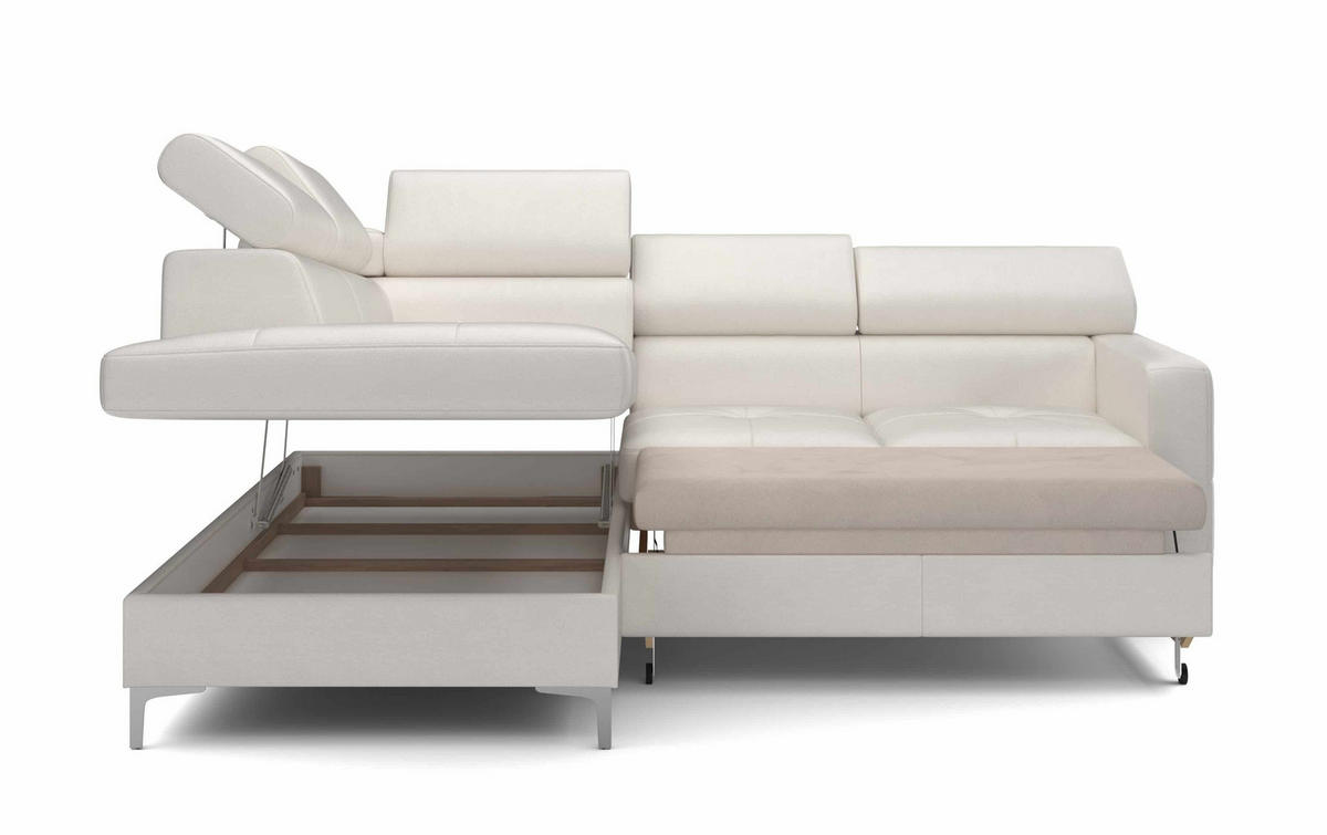ECKSCHLAFSOFA aus Echtleder mit Schlaffunktion und Bettkasten - Chromfarben/Eiche Bianco, Leder/Holz (242/207cm) - Cotta