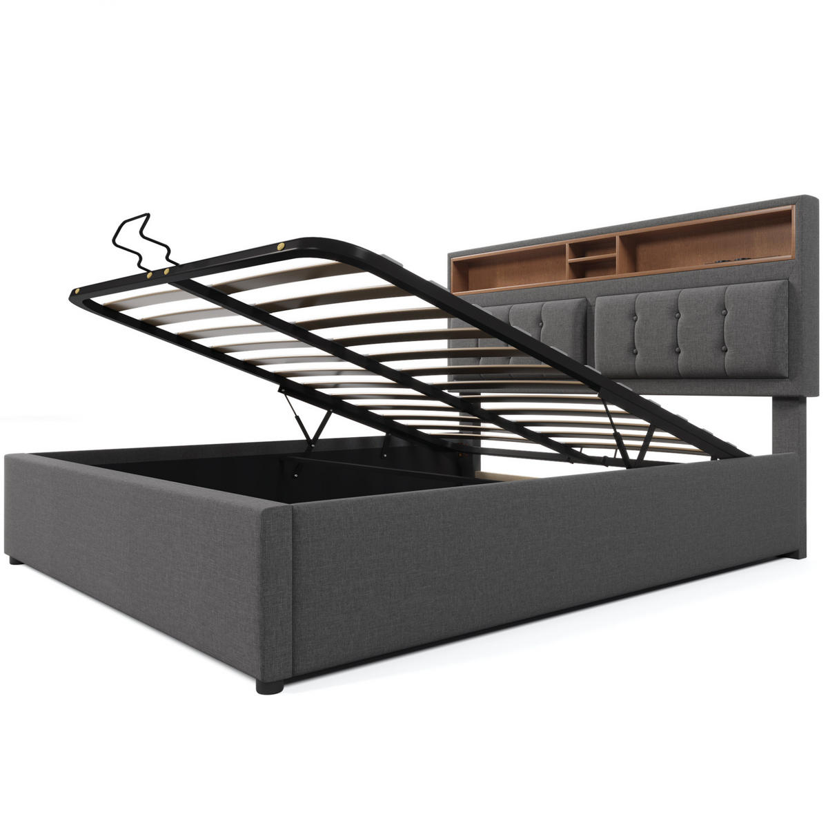 POLSTERBETT aus Leinen 160/200 cm mit Matratze, USB-C, Steckdosen, verstellbarem Kopfteil und Bettkasten, Grau - Grau, Textil (160/160cm) - Redom