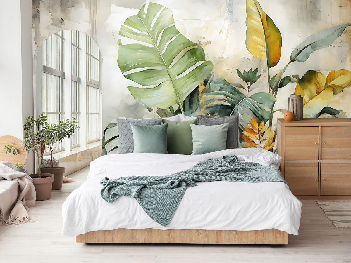 FOTOTAPETE für Wohnzimmer Tropische Blätter Aquarell Abstrakt 150x105 - Gelb/Beige, Papier (150/105cm) - Muralo