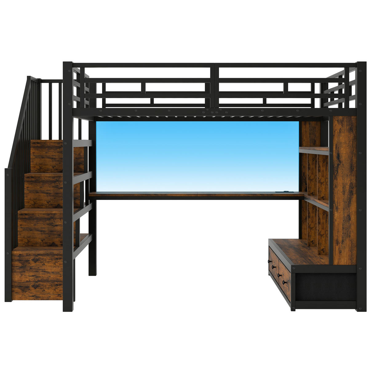 HOCHBETT 140/200 cm mit Schreibtisch, Regalen, 2 Schubladen, Stauraumtreppe und LED-Beleuchtung, Schwarz - Schwarz, Holzwerkstoff (140/200cm) - Redom
