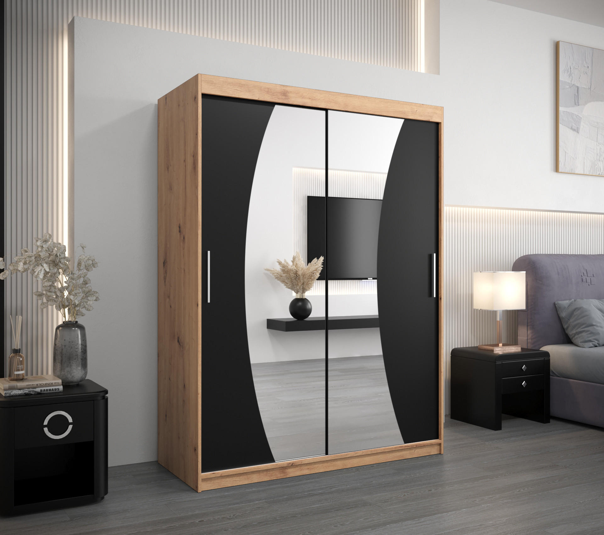 SCHWEBETÜRENSCHRANK 200/150/62 2-türig - Silberfarben/Schwarz, Holz/Kunststoff (150/200/62cm) - Abiks Möbel