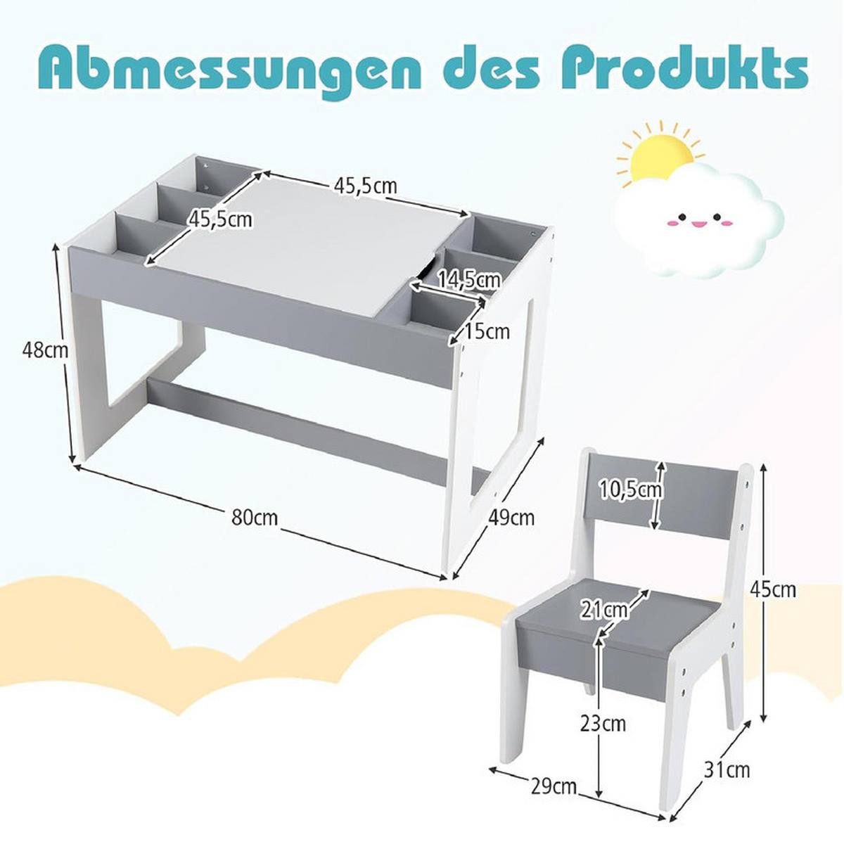 KINDERTISCH mit Stuhl grau(3-tlg) - Grau, Holzwerkstoff (80/48/49cm) - COSTWAY