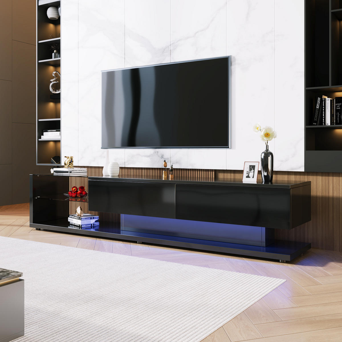TV-ELEMENT mit LED und Glasregalen 170 cm Schwarz Hochglanz - Schwarz, Holzwerkstoff (36/38/170cm) - Beauniv
