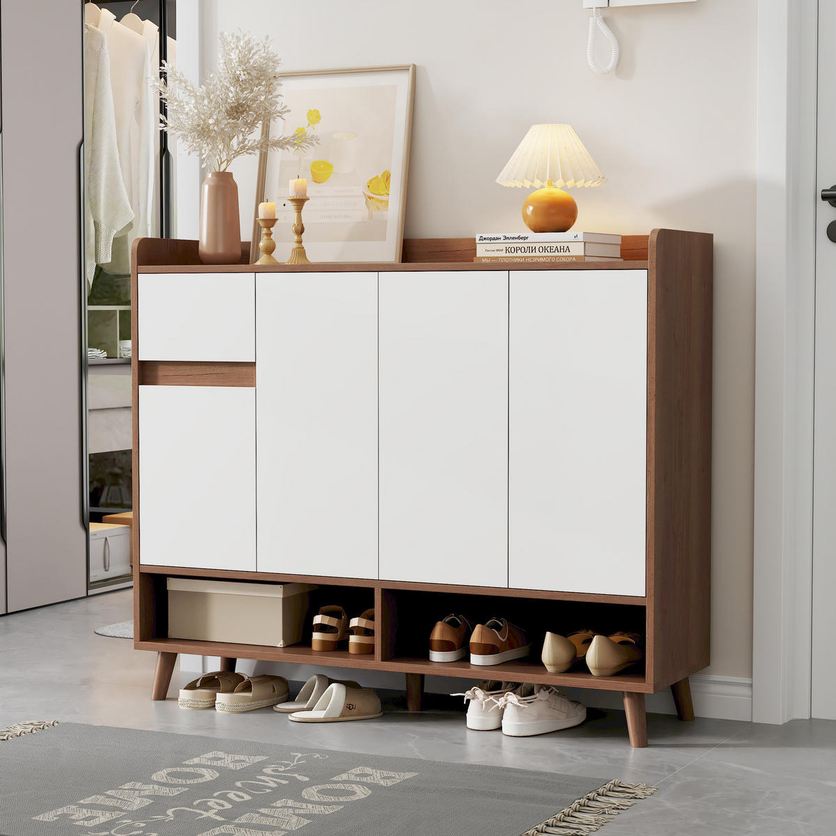 SIDEBOARD 120x35x99 cm mit 4 Türen und Schublade, Weiß/Natur - Weiß, Holzwerkstoff (120/99/35cm)