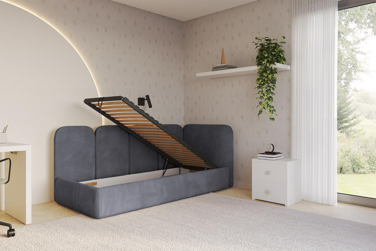 EINZELLBETT Jugendbett mit Bettkasten, Links - VELY 90x200 Dunkelgrau - Dunkelgrau, Holzwerkstoff/Textil (90/200cm) - ALTDECOR