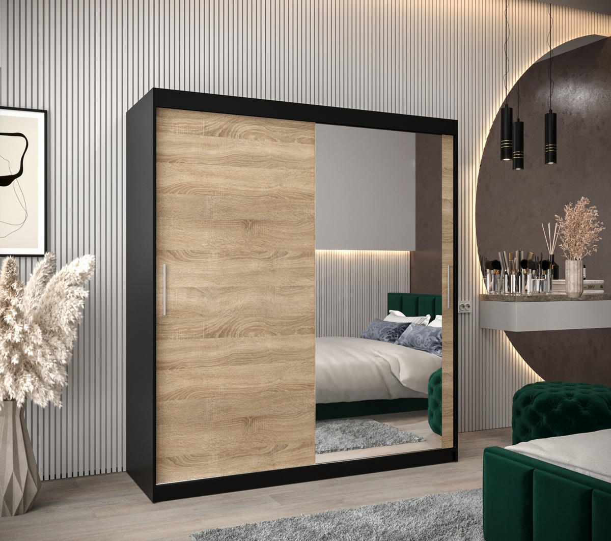 SCHWEBETÜRENSCHRANK 200/180/62 2-türig - Silberfarben/Schwarz, Holz/Kunststoff (180/200/62cm) - Abiks Möbel
