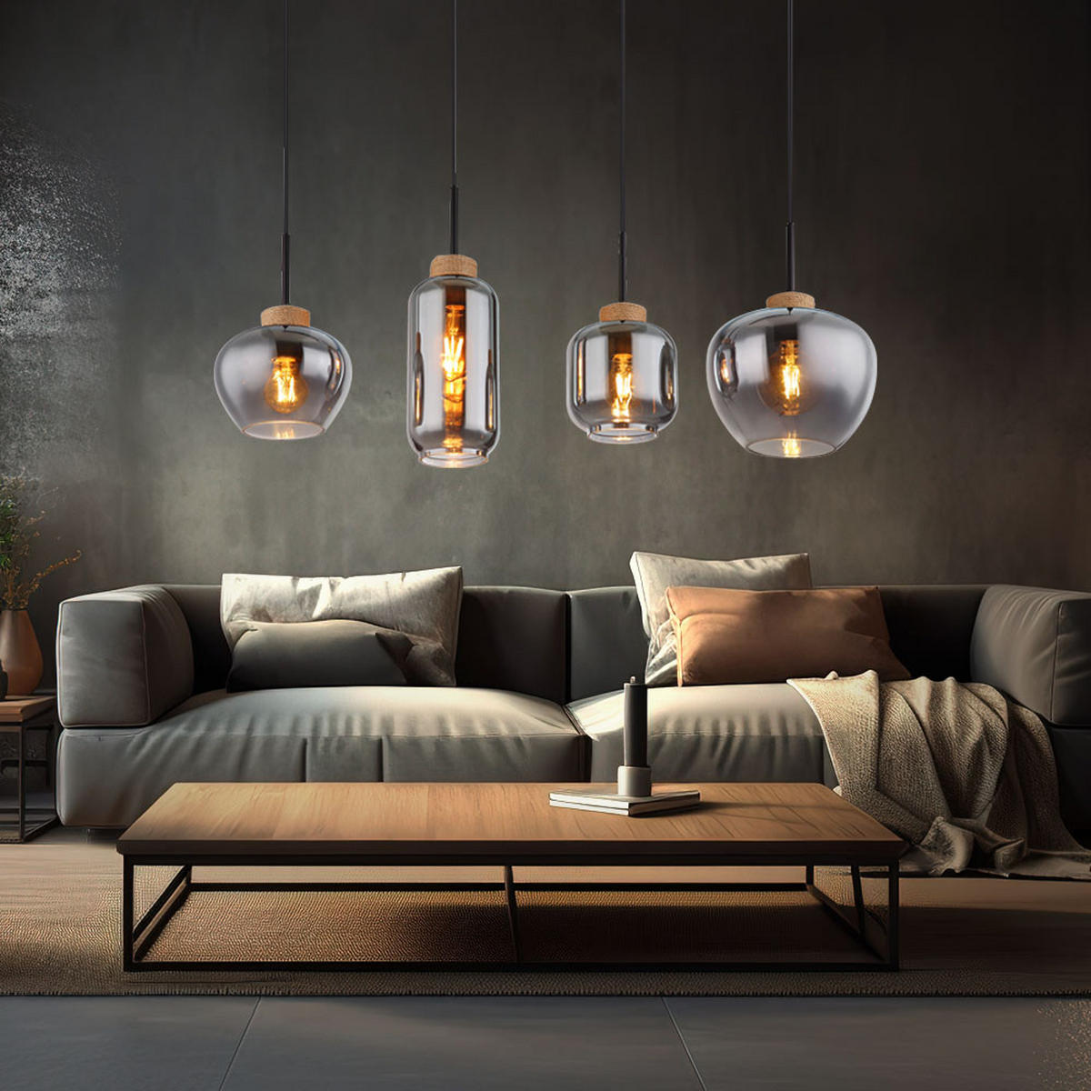 PENDELLEUCHTE Metall Schwarz-matt Rauchglas 4-Flammig - Schwarz, Glas/Metall (96/23/120cm) - Globo Lighting