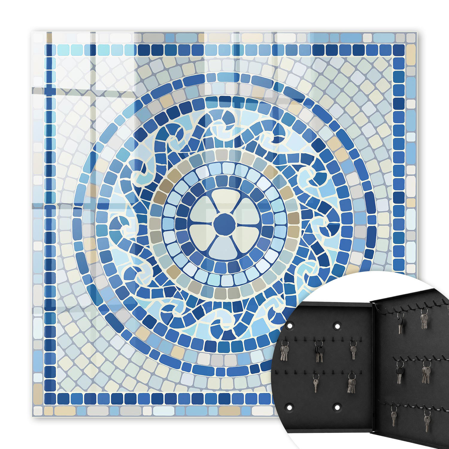 SCHLÜSSELBOX Schwarz 30x30 cm- Türöffnung nach rechts - geometrisches Mosaik - Blau, Metall (30/30/5cm) - TULUP