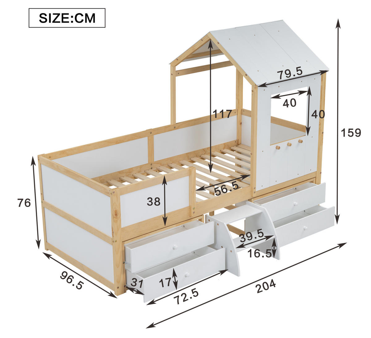 DOMČEKOVÁ posteľ 90/200 cm biela/prírodná so strechou oknom 4 zásuvkami a schodíkmi z borovice MDF a preglejky - biela, kompozitné drevo (90/200cm) - OKWISH