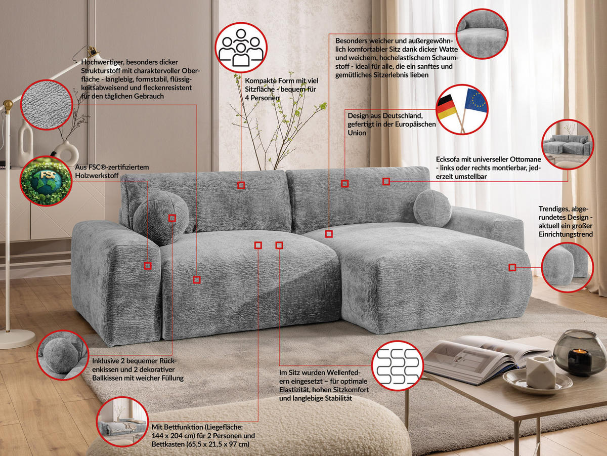 ECKSOFA Puffy mit Schlaffunktion und Bettkasten - besonders weich und puffig aus Hellgrau Stoff mit Chenillestruktur - Ottomane rechts - Hellgrau/Schwarz, Holz/Kunststoff (266/138cm) - S-Style Möbel