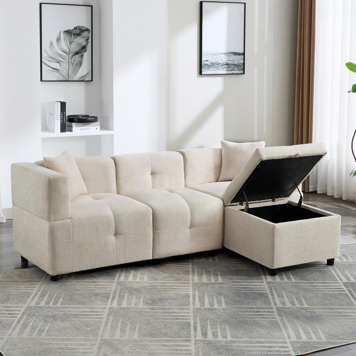 SOFA modular 204 x 126 cm Chenille Beige 3-Sitzer mit Fußhocker - Beige, Holzwerkstoff (126/204cm) - Meubliv