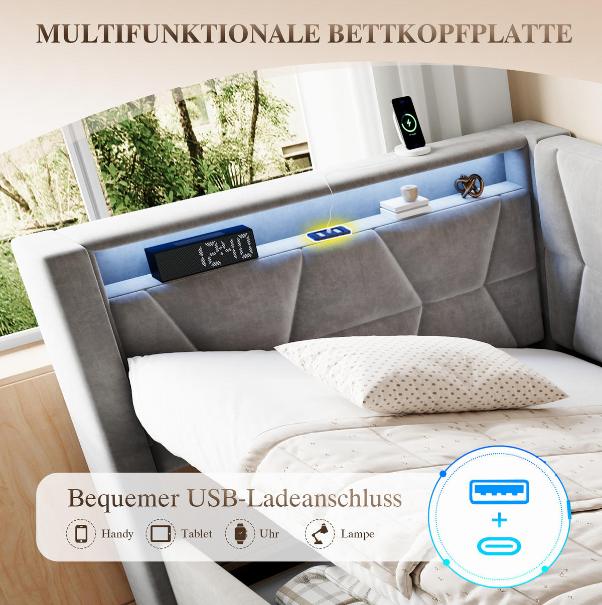 POLSTERBETT 90/200 cm in Dunkelgrau mit Stauraum, LED-Beleuchtung und USB - Dunkelgrau, Metall (90/200cm) - Flora Grace