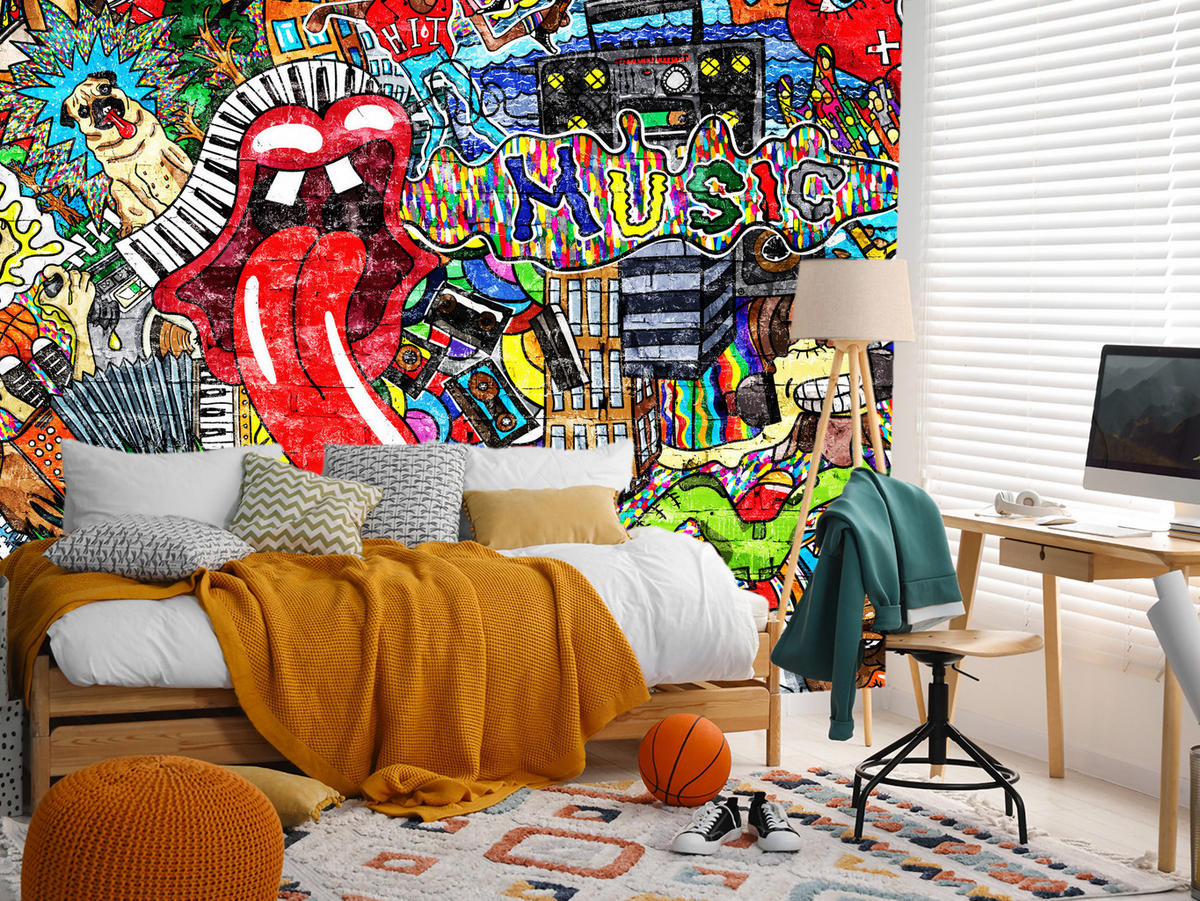 FOTOTAPETE für Jugendzimmer GRAFFITI Musik Abstrakt Farben 250x175 - Blau/Gelb, Papier (250/175cm) - Muralo