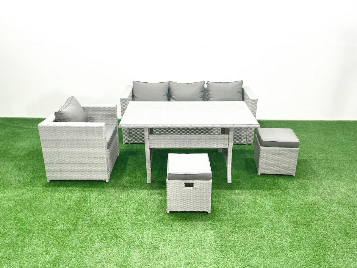 GARTENMÖBEL SET Polyrattan Hellgrau 6-Sitzer - Hellgrau/Grau, Glas/Kunststoff - Fimous