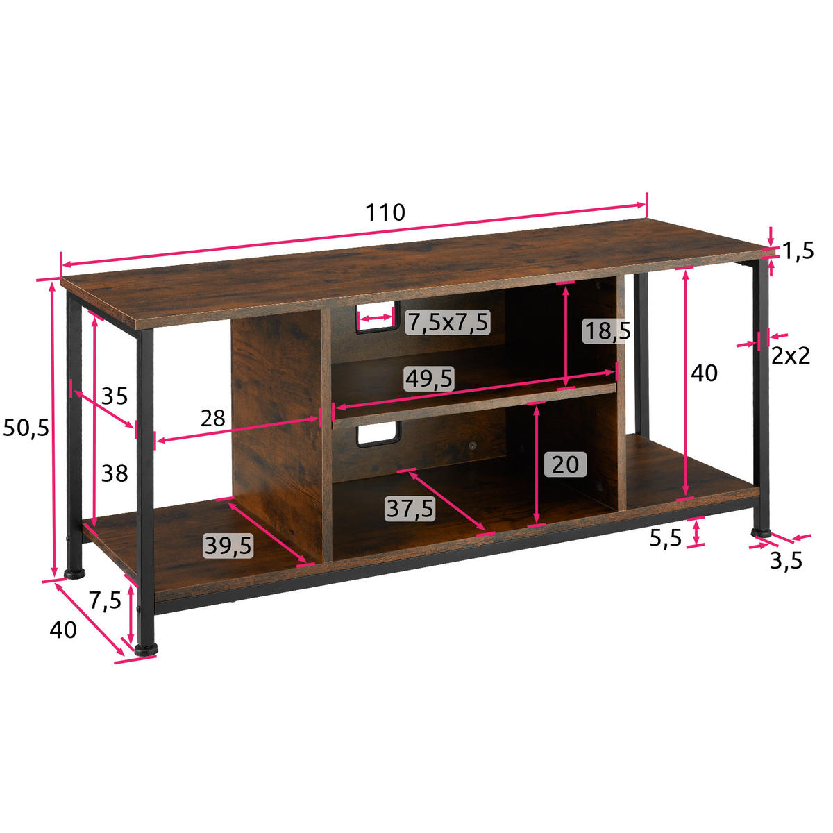 TV-REGAL Austin,110 x 40 x 50,5 cm,Industrial Holz dunkel, rustikal - Rostfarben, Holzwerkstoff (40/50.5/110cm) - tectake