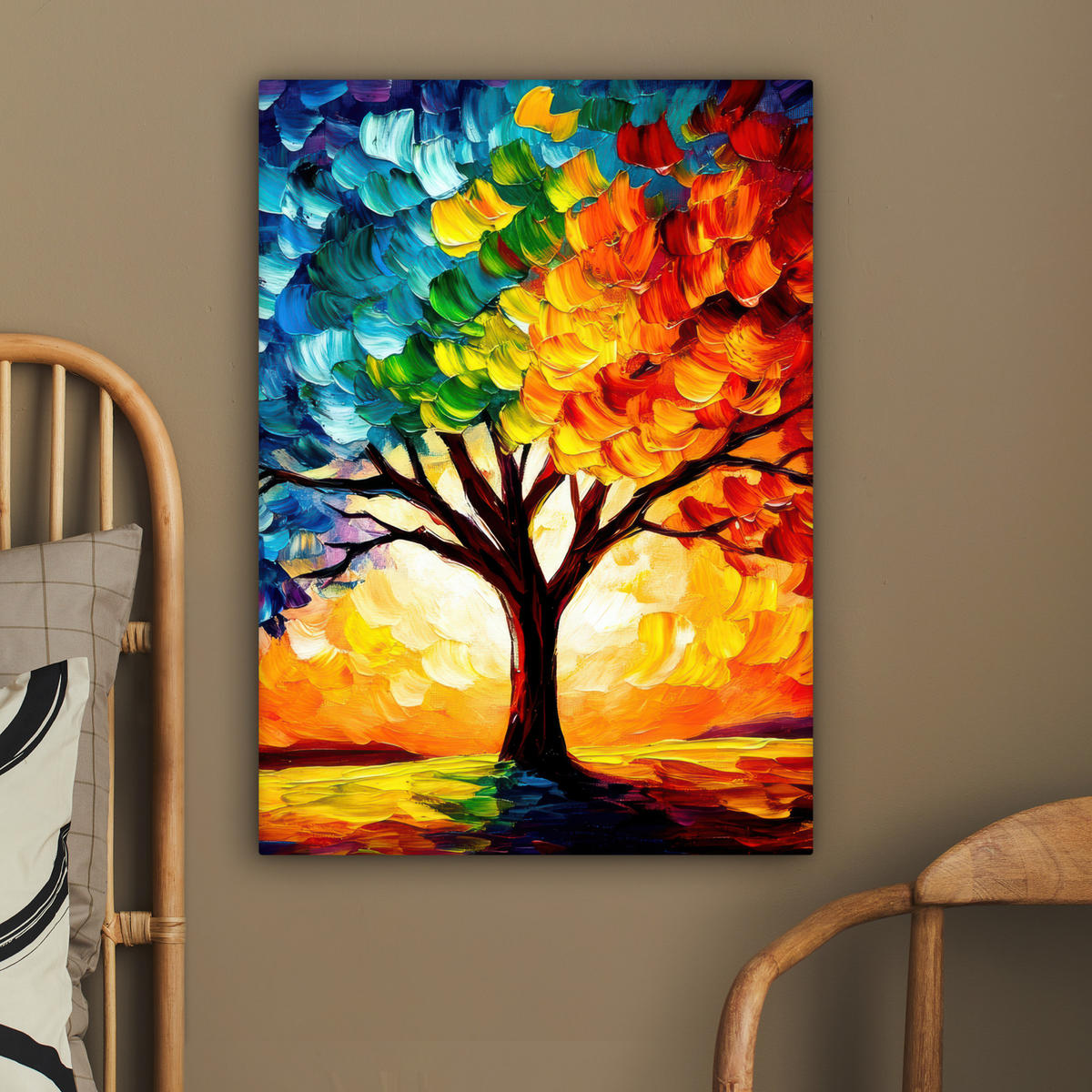 LEINWANDBILD - Baum - Kunst - Natur - Sonnenuntergang - 60x80 - Gemälde - Multicolor, Textil (60/80cm) - MuchoWow