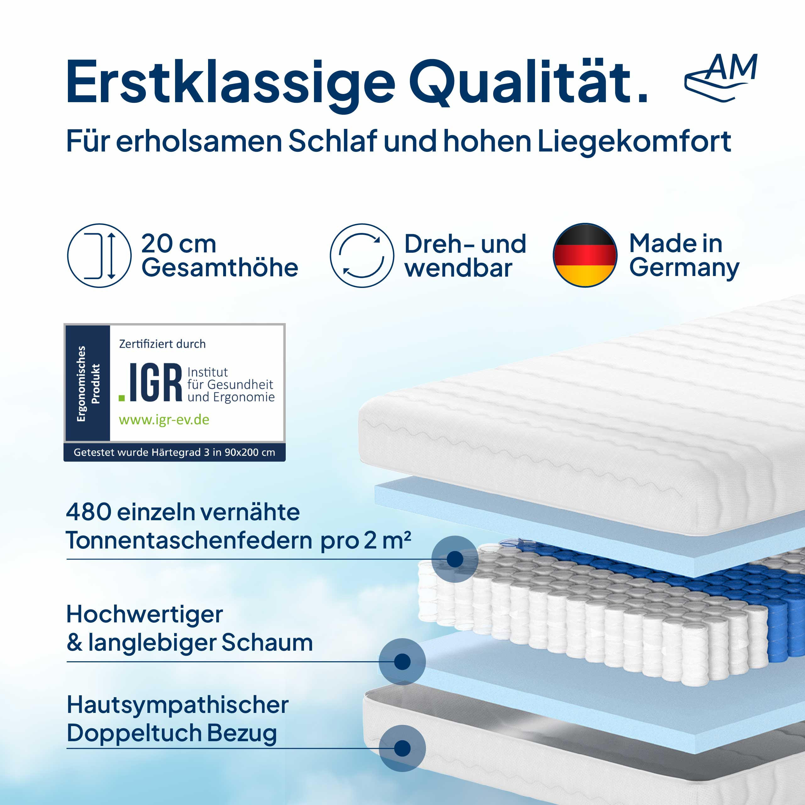 Thumbnail - AM Qualitätsmatratzen Taschenfederkernmatratze, Weiß, Textil, Uni, H3, Füllung: Taschenfederkern, Rechteckig, 70x190 cm,...