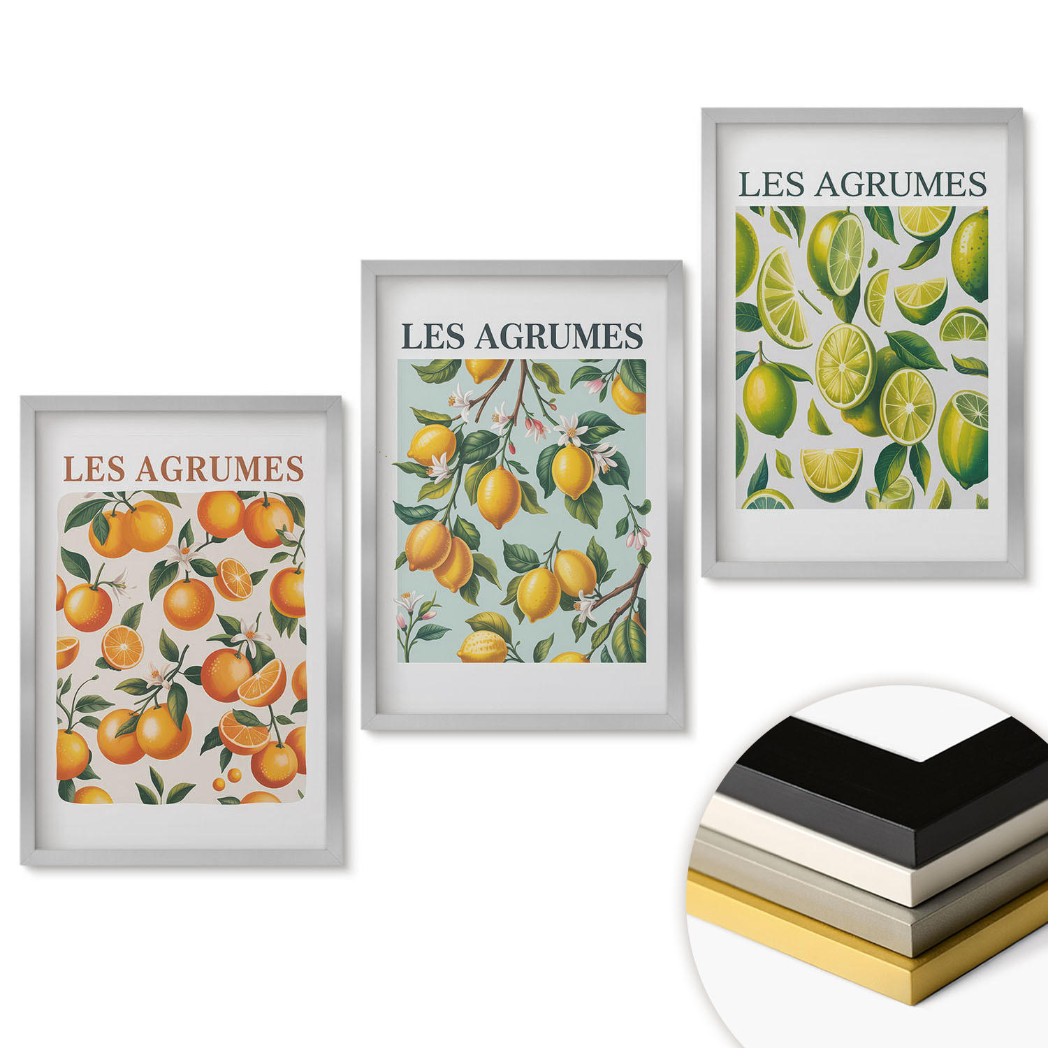 WANDBILDER 3er Set - 40x60 cm Silberner Rahmen - Fruchtige Zitrus-Pastellmuster - Silberfarben, Kunststoff (40/60cm) - ArtPrintCave