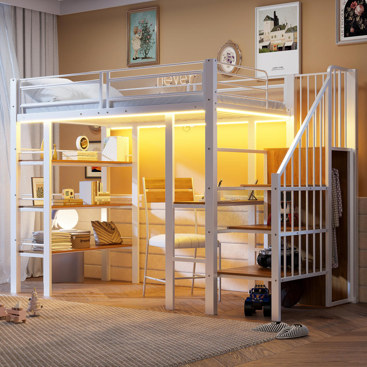 HOCHBETT 90/200 cm mit LED-Lichtleiste, Schreibtisch, Regal und Kleiderschrank, Weiß - Weiß, Holzwerkstoff (90/200cm) - Redom