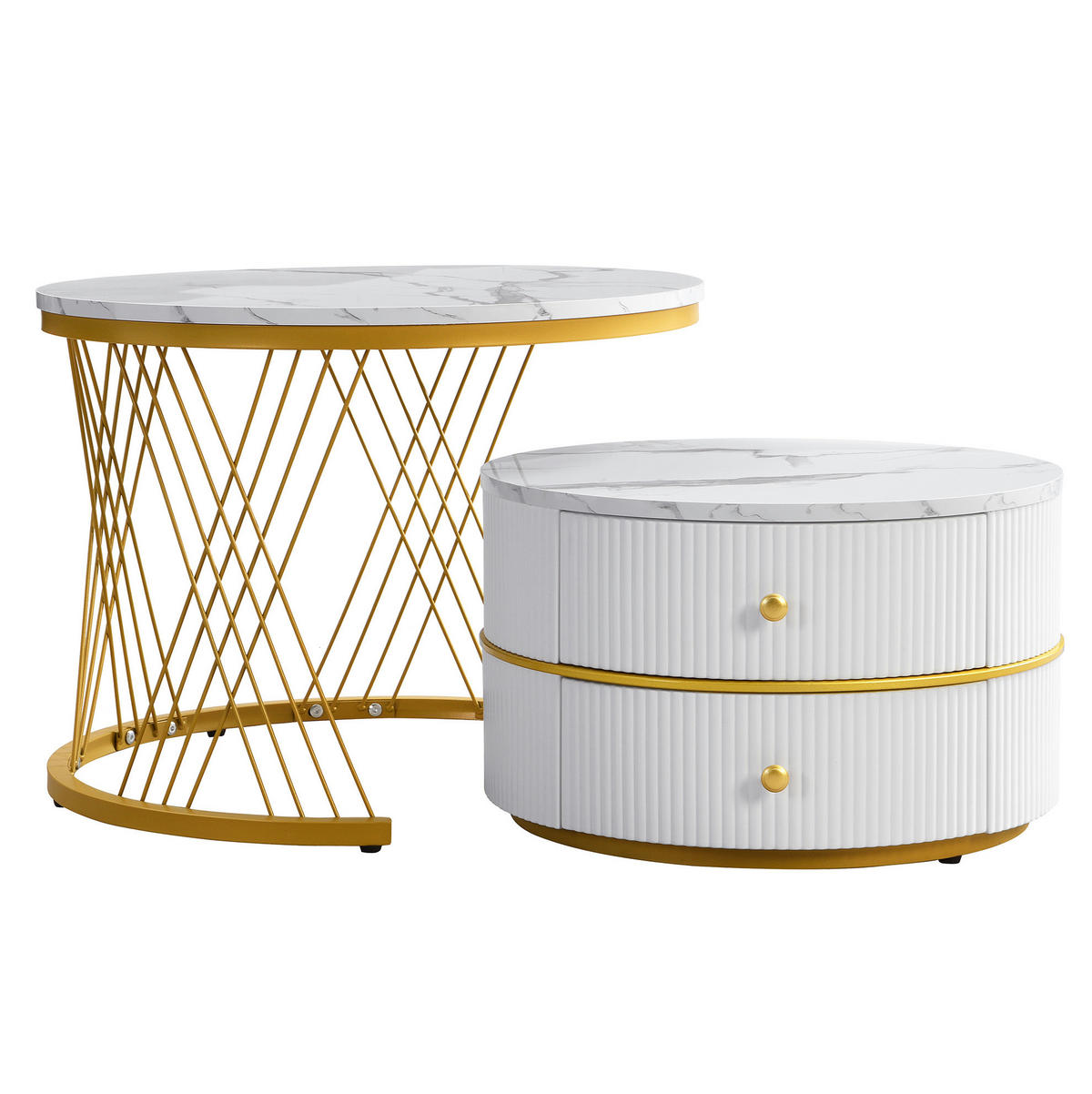 COUCHTISCH 2er-Set rund mit 2 Schubladen Weiß Marmoroptik - Weiß, Metall (60/60/46cm) - Meubliv