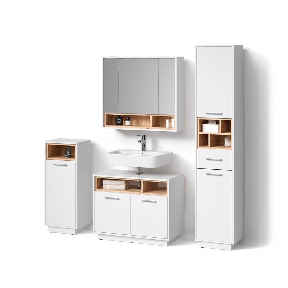 BADMÖBEL-SET Temo Weiß 4 Teile - Weiß/Sonoma Eiche, Holzwerkstoff (80/93/40cm) - Livinity®