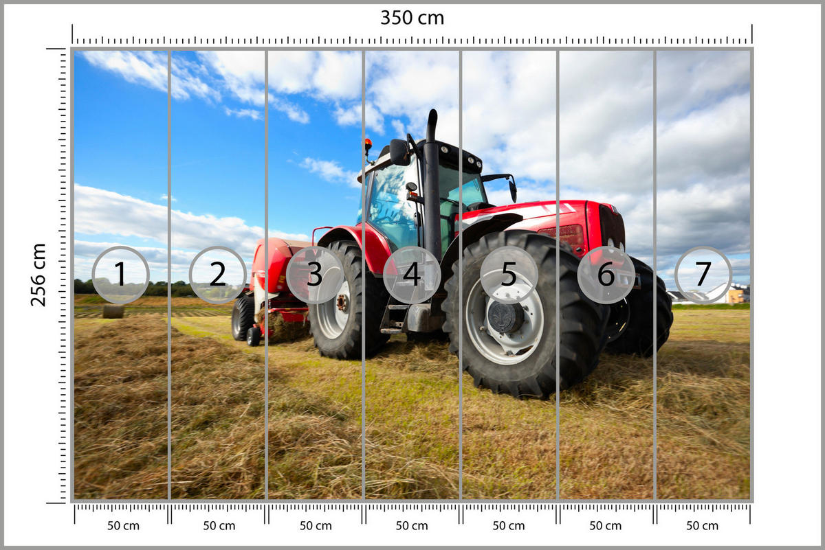 FOTOTAPETE Roter Traktor Feld Ernte Landwirtschaft Rustikal 350x256 - Gelb/Rot, Papier (350/256cm) - Muralo