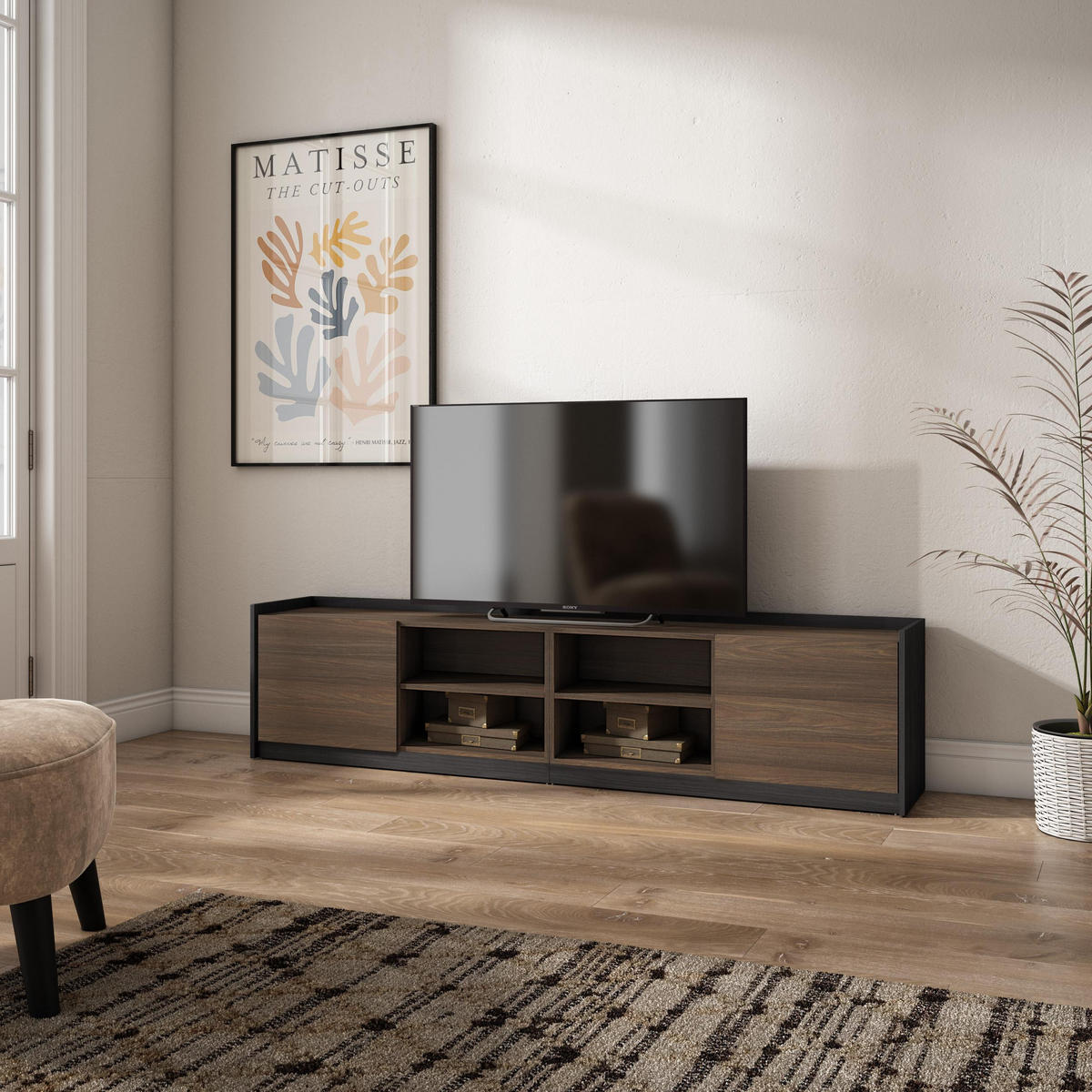 TV-SCHRANK, Lowboard, 207/37/50cm, Für TV-Geräte bis zu 80", Eiche und Schwarz - Dunkelbraun, Holzwerkstoff (207/50/37cm) - Skraut Home