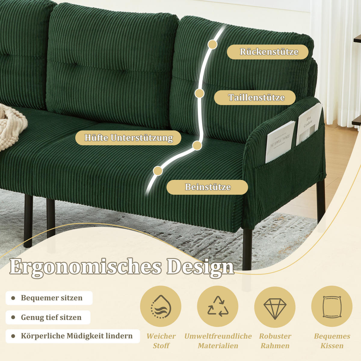 3-SITZER-SOFA 171/72/80 cm aus Cord mit Seitentasche Smaragdgrün - Smaragdgrün, Textil (72/80/171cm) - Modenvie