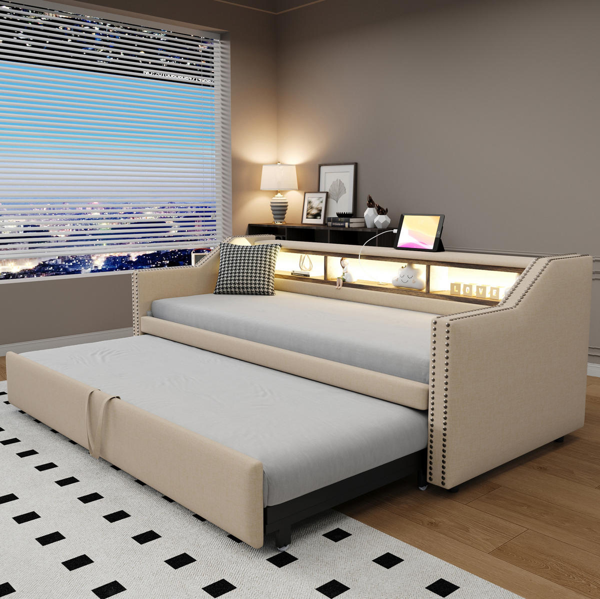 SCHLAFSOFA 90/190 cm ausziehbar mit LED, Matratze,USB, Ablagefächern und Leinenbezug, Beige - Beige, Textil (102/74/203.5cm) - Redom