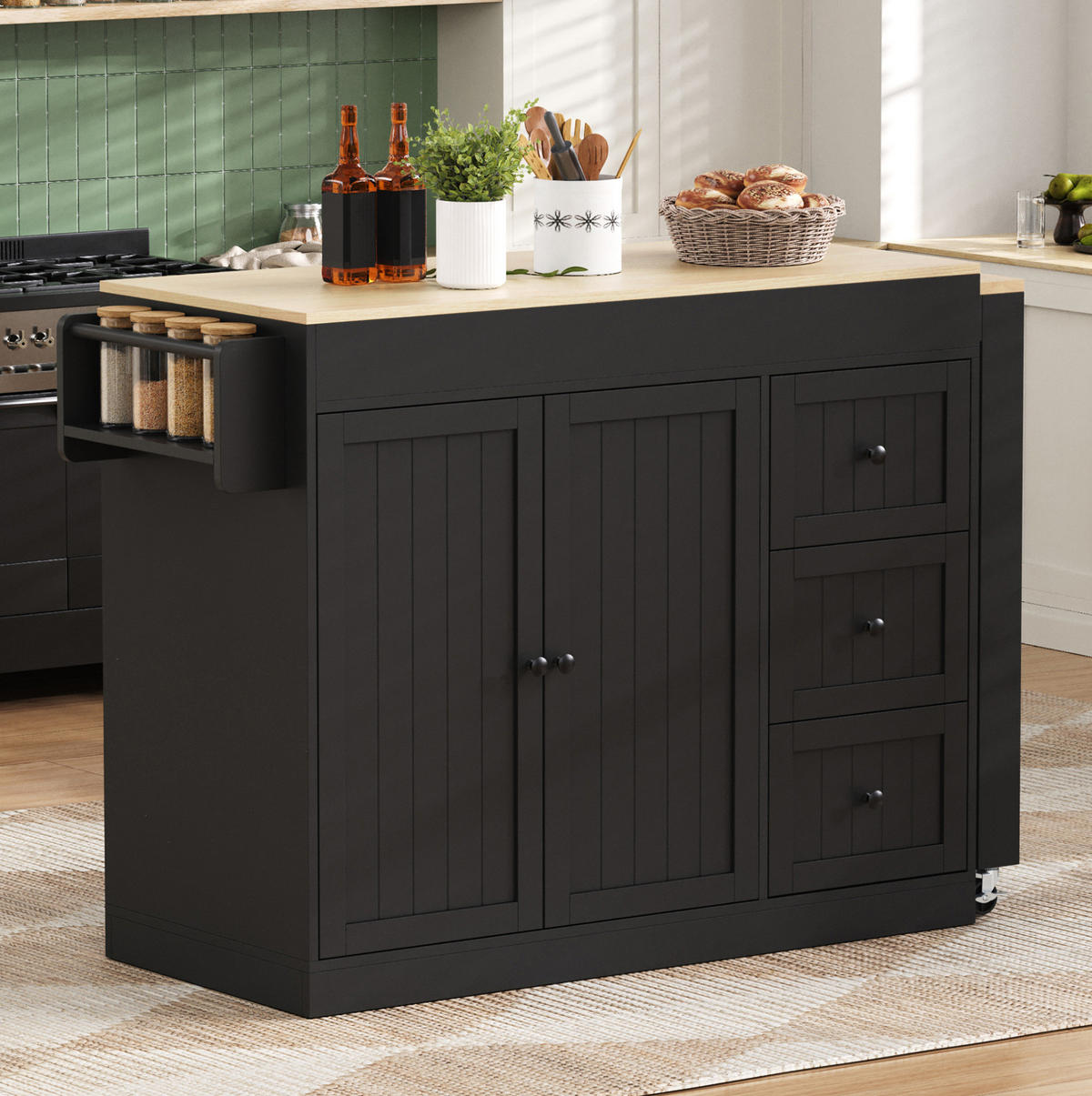 KÜCHENINSEL 112-186,8/45/93 cm aus MDF mit ausziehbarer Arbeitsplatte Schwarz - Schwarz, Holzwerkstoff (130/93/45cm) - Modenvie